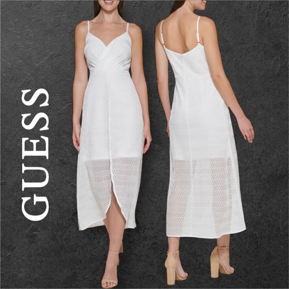 GUESS Women’s Chevron Mesh High Low Sleeveless Dress in the Size 14 in White